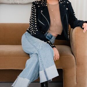 Free People Black Studded Bomber Jacket suede